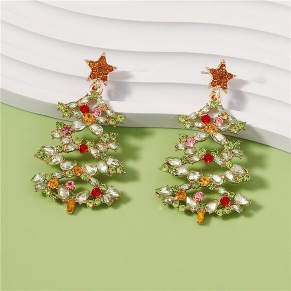 Christmas Tree Earrings with Rhinestones - Picture 2 of 8